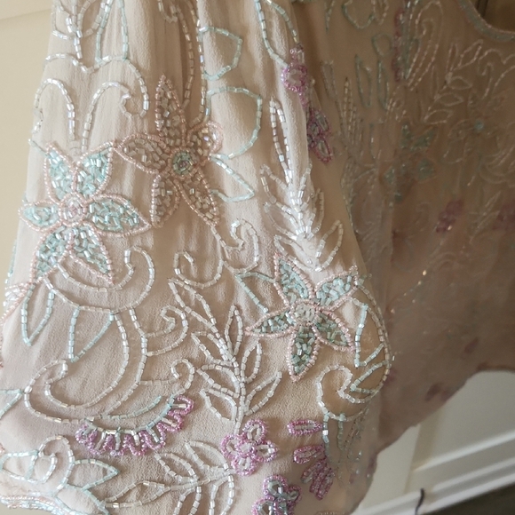 Papell Boutique Evening Silk Beaded Floral Tan Cream Short Sleeve Blouse Sz 24W - Picture 3 of 8